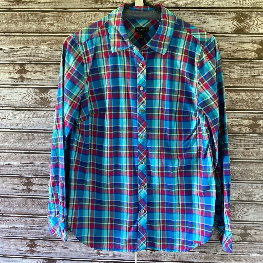 Talbots Women's Long-Sleeved Button-Down Top Size S Multicolored Plaid Dragonfly